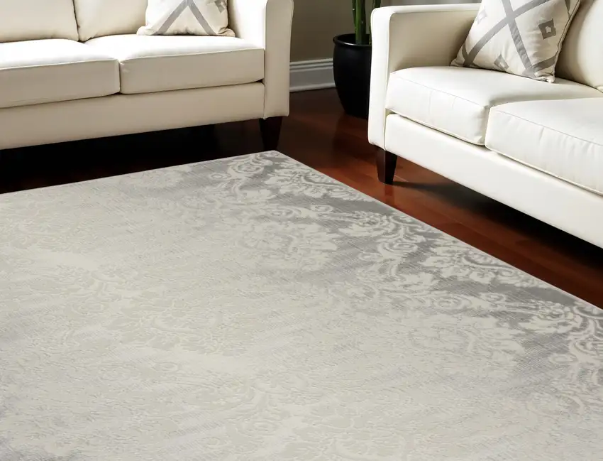 Gray and Ivory Damask Distressed Non Skid Area Rug Photo 1