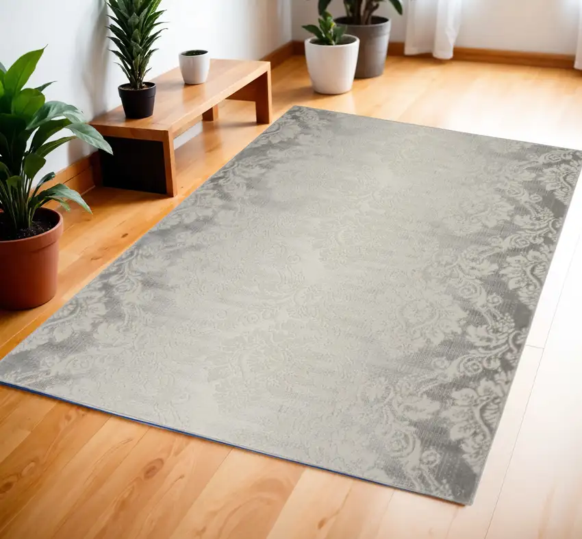 Gray and Ivory Damask Distressed Non Skid Area Rug Photo 1