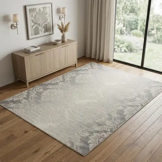 Gray and Ivory Damask Distressed Non Skid Area Rug Photo 1