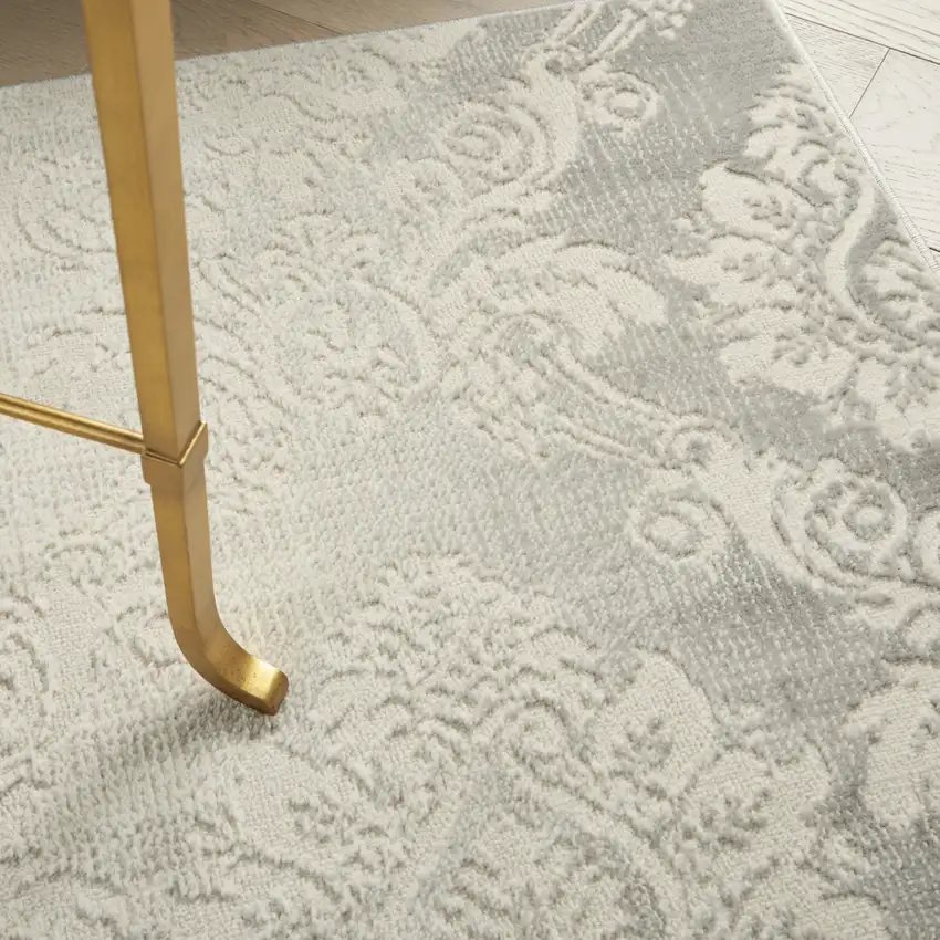 Gray and Ivory Damask Distressed Non Skid Area Rug Photo 9
