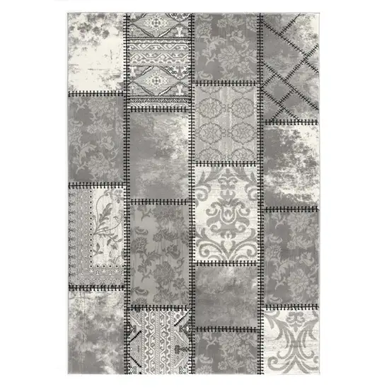 Gray and Ivory Damask Power Loom Area Rug Photo 2