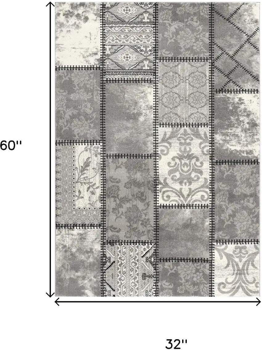 Gray and Ivory Damask Power Loom Area Rug Photo 3