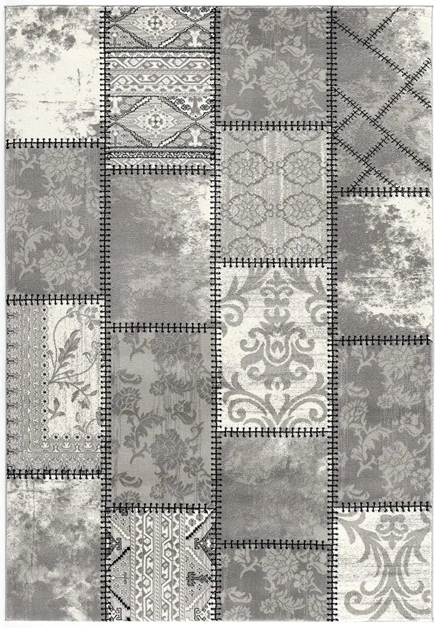Gray and Ivory Damask Power Loom Area Rug Photo 2