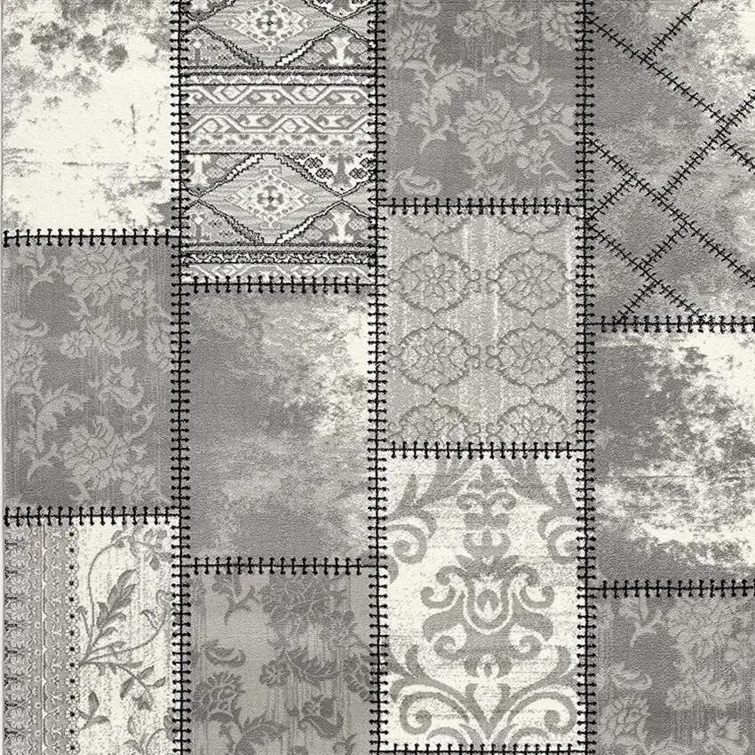 Gray and Ivory Damask Power Loom Area Rug Photo 4