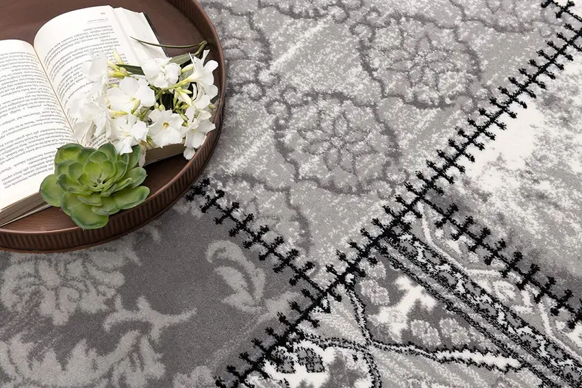 Gray and Ivory Damask Power Loom Area Rug Photo 7