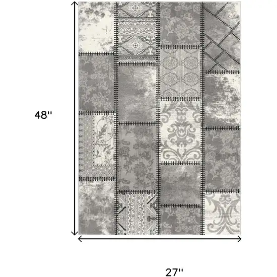 Gray and Ivory Damask Power Loom Area Rug Photo 3