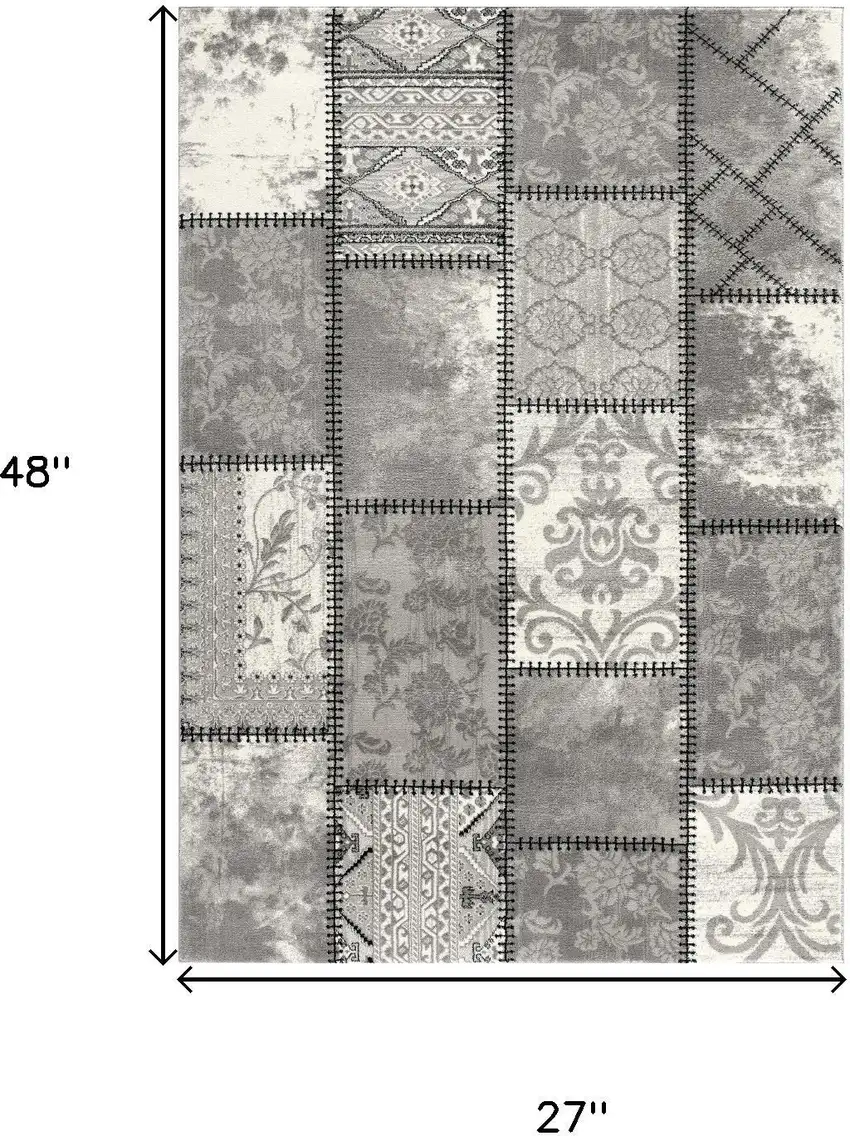 Gray and Ivory Damask Power Loom Area Rug Photo 3