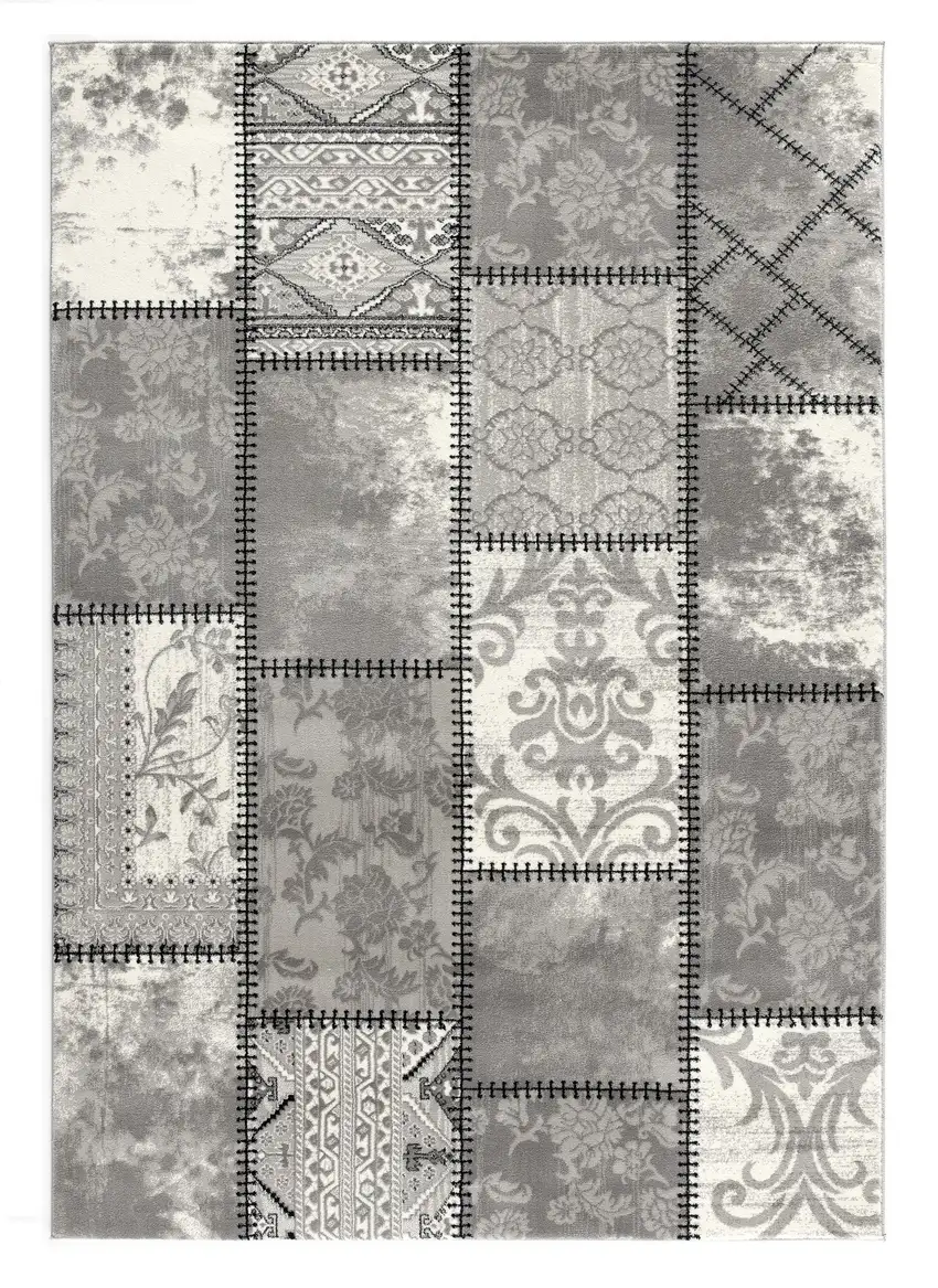 Gray and Ivory Damask Power Loom Area Rug Photo 2