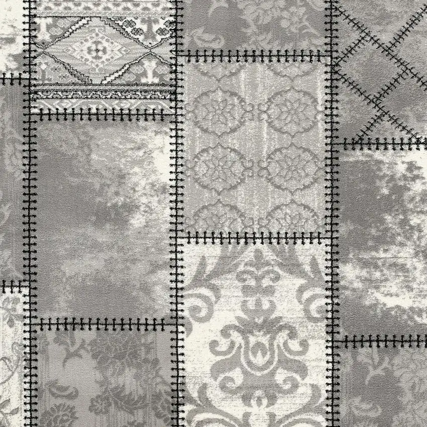 Gray and Ivory Damask Power Loom Area Rug Photo 4