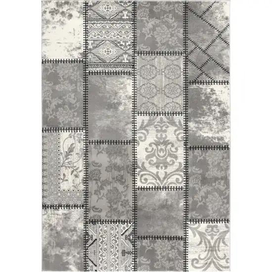 Gray and Ivory Damask Power Loom Area Rug Photo 2