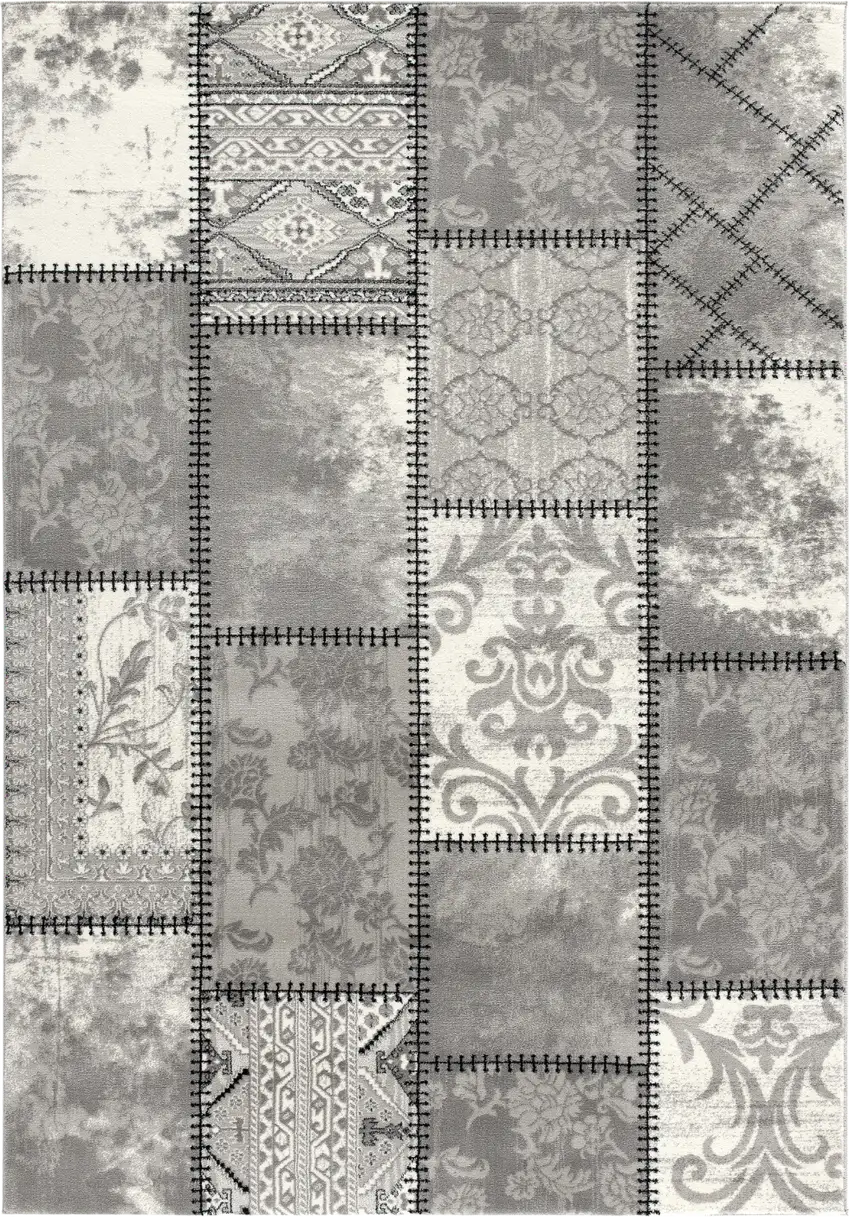Gray and Ivory Damask Power Loom Area Rug Photo 2