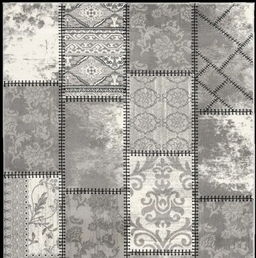 Gray and Ivory Damask Power Loom Area Rug Photo 4
