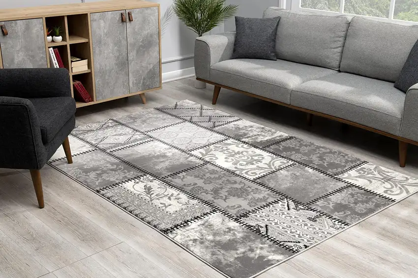 Gray and Ivory Damask Power Loom Area Rug Photo 6