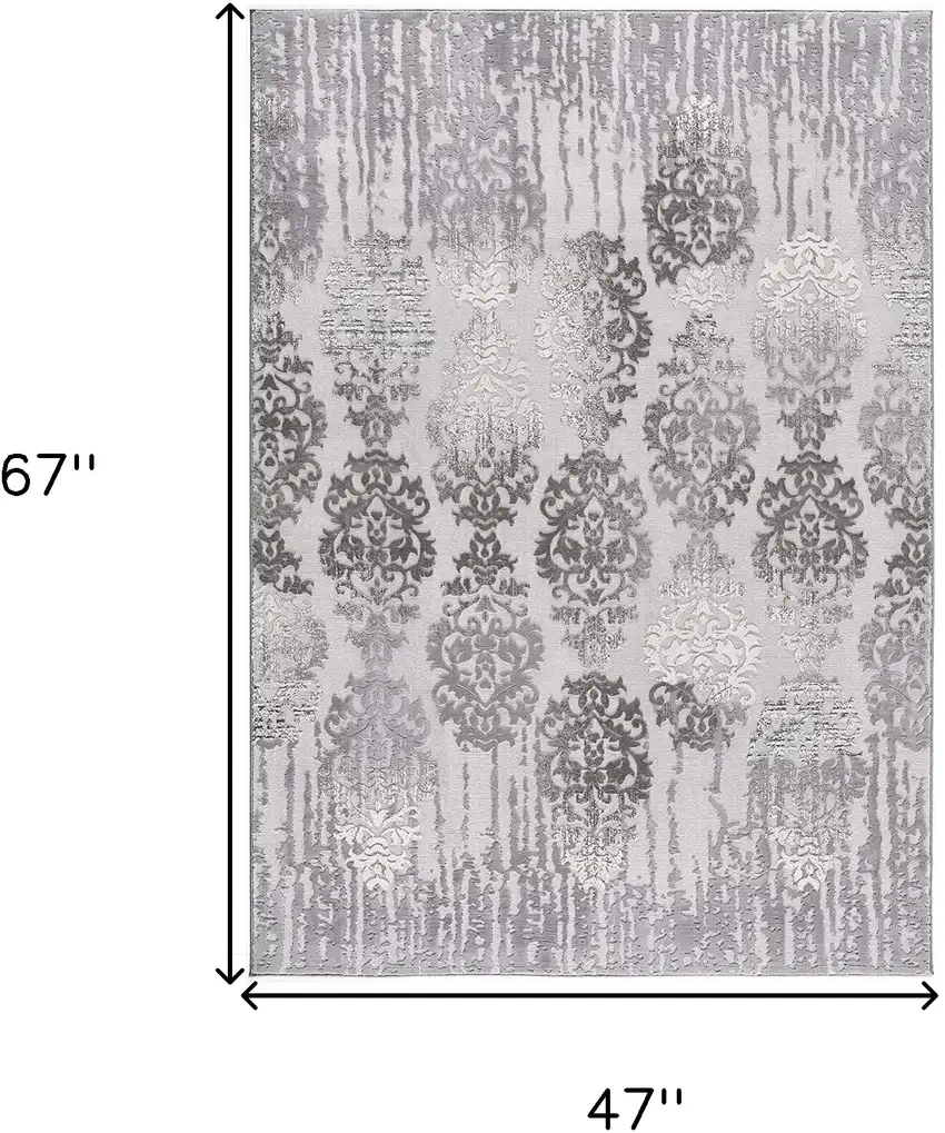 Gray and Ivory Damask Power Loom Area Rug Photo 8