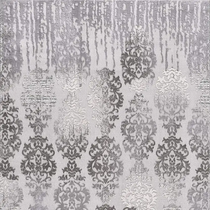 Gray and Ivory Damask Power Loom Area Rug Photo 4