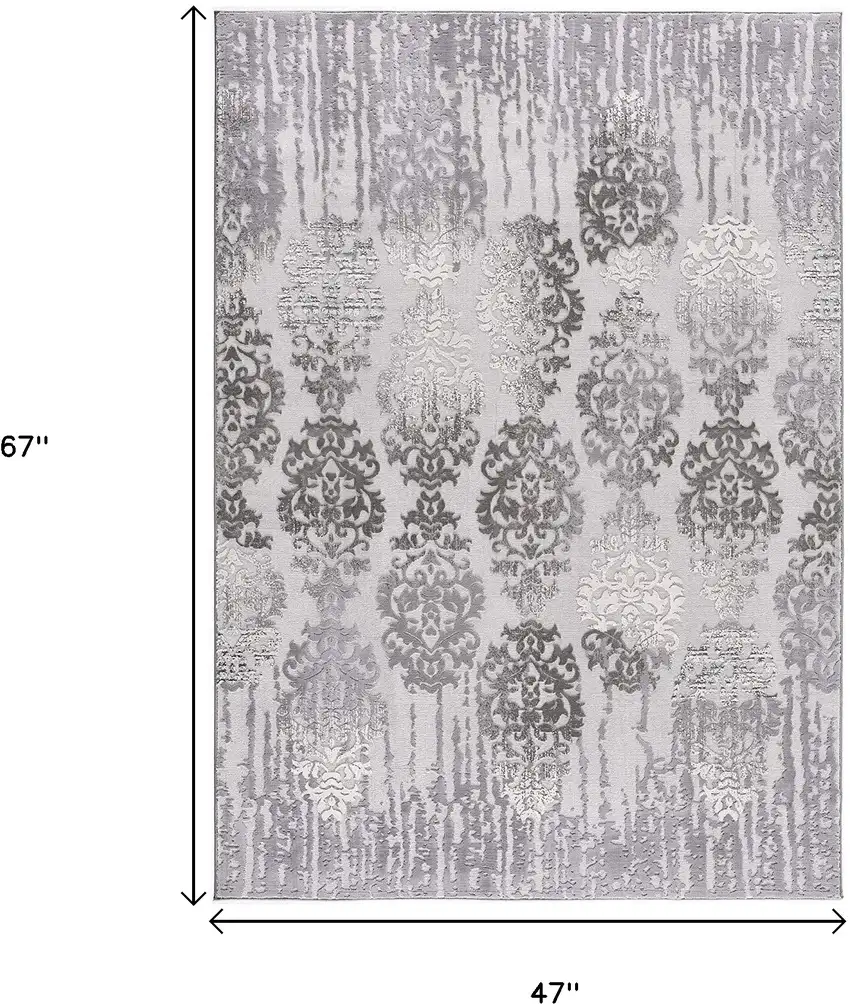 Gray and Ivory Damask Power Loom Area Rug Photo 2