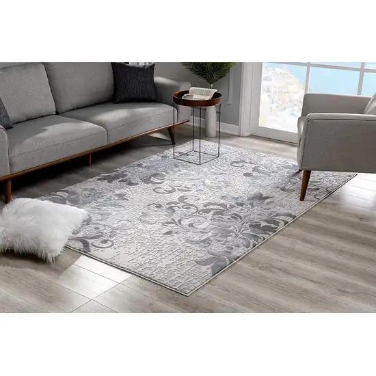Gray and Ivory Damask Power Loom Area Rug Photo 3