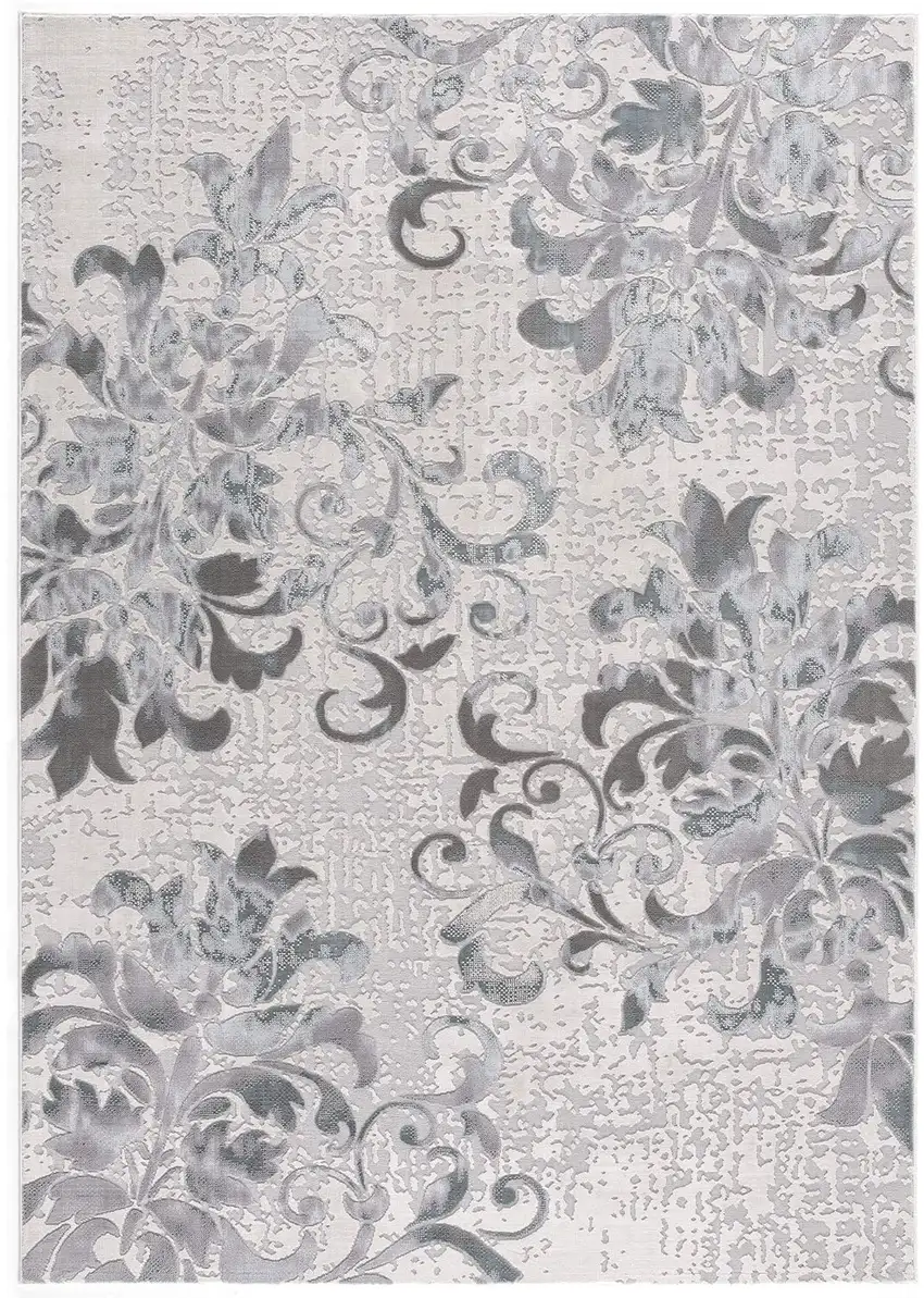Gray and Ivory Damask Power Loom Area Rug Photo 2