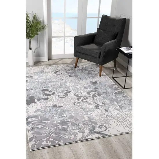 Gray and Ivory Damask Power Loom Area Rug Photo 4