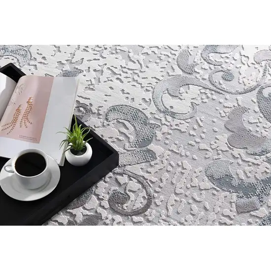 Gray and Ivory Damask Power Loom Area Rug Photo 5