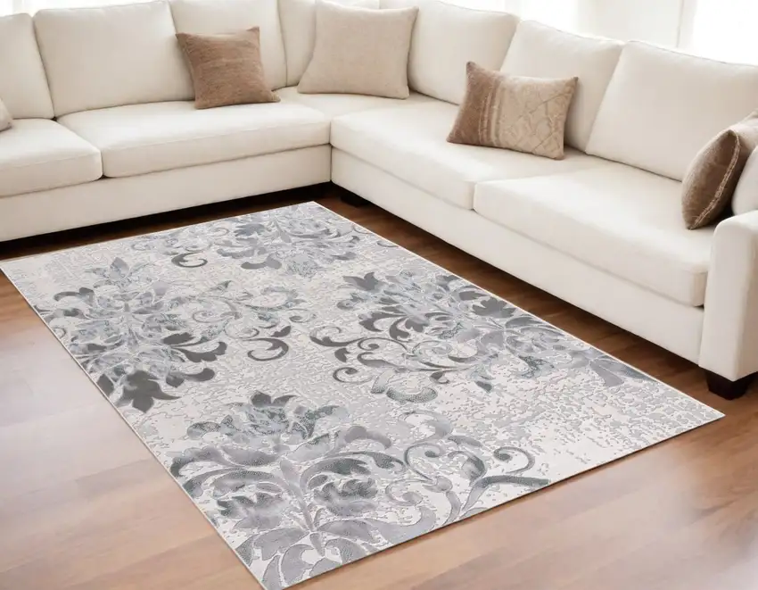 Gray and Ivory Damask Power Loom Area Rug Photo 1