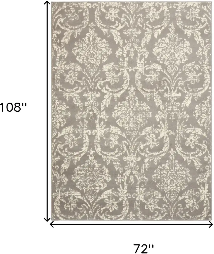 Gray and Ivory Damask Power Loom Distressed Area Rug Photo 3
