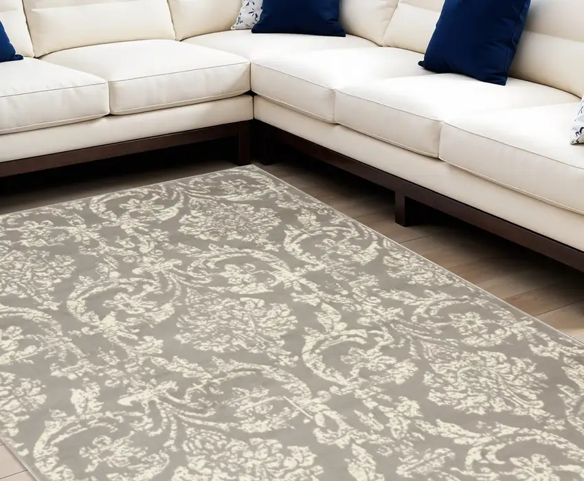Gray and Ivory Damask Power Loom Distressed Area Rug Photo 1