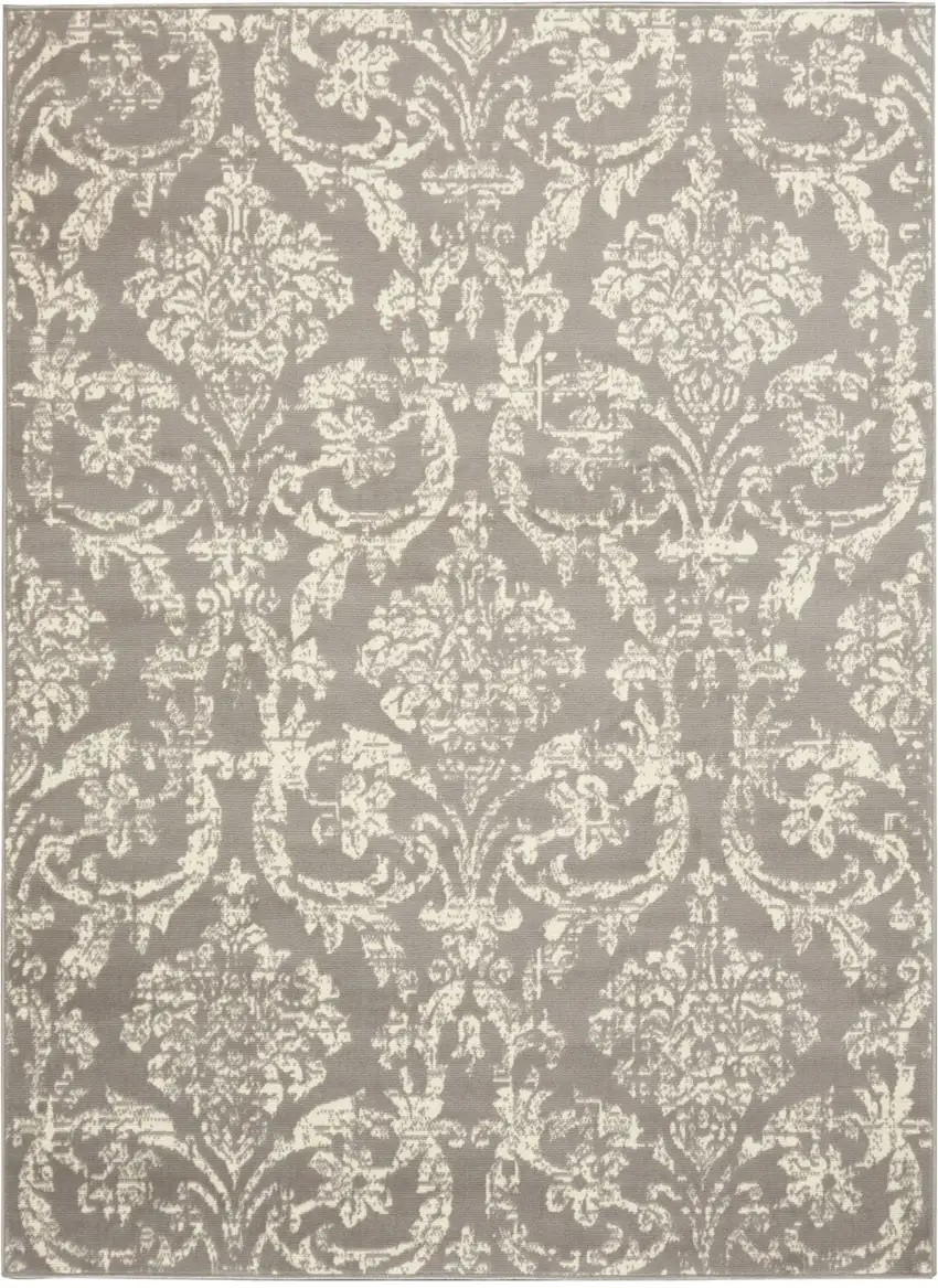 Gray and Ivory Damask Power Loom Distressed Area Rug Photo 4