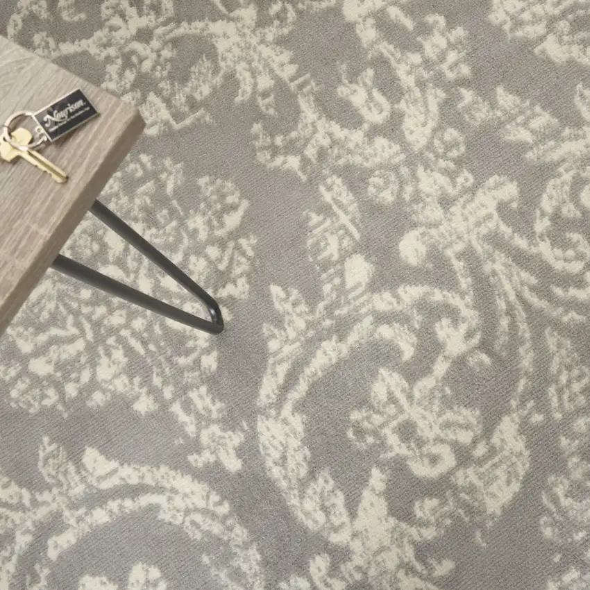 Gray and Ivory Damask Power Loom Distressed Area Rug Photo 8