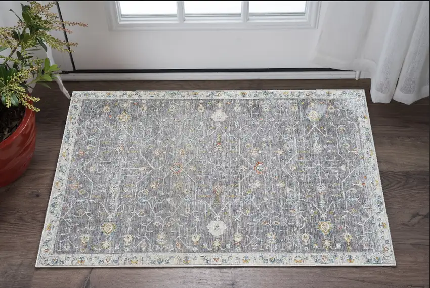 Gray and Ivory Floral Area Rug Photo 1