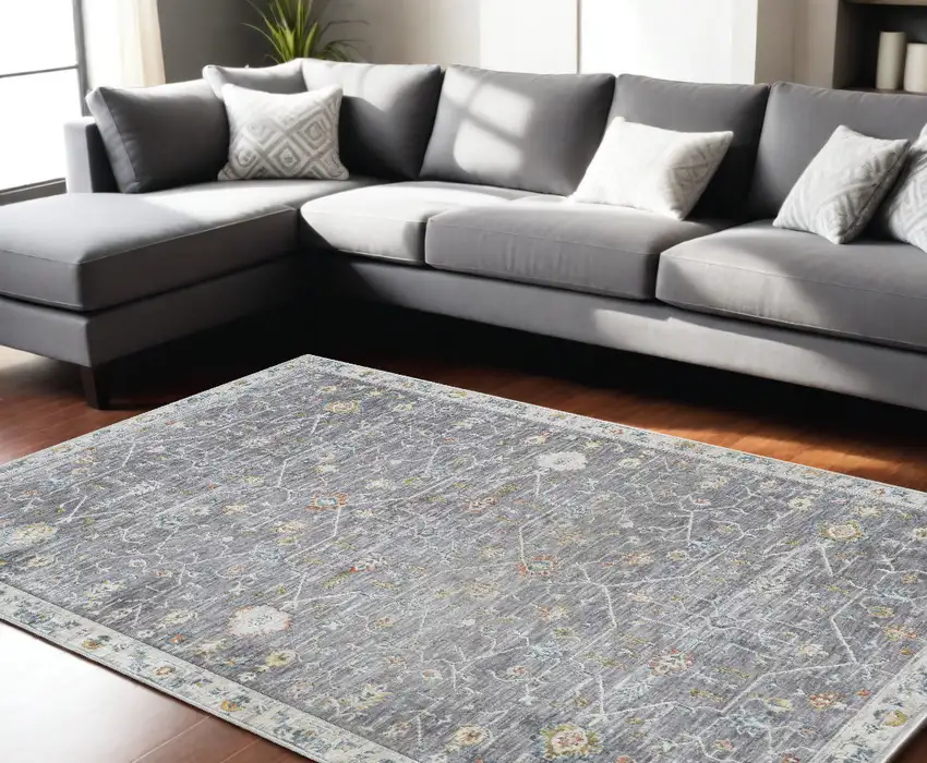Gray and Ivory Floral Area Rug Photo 1