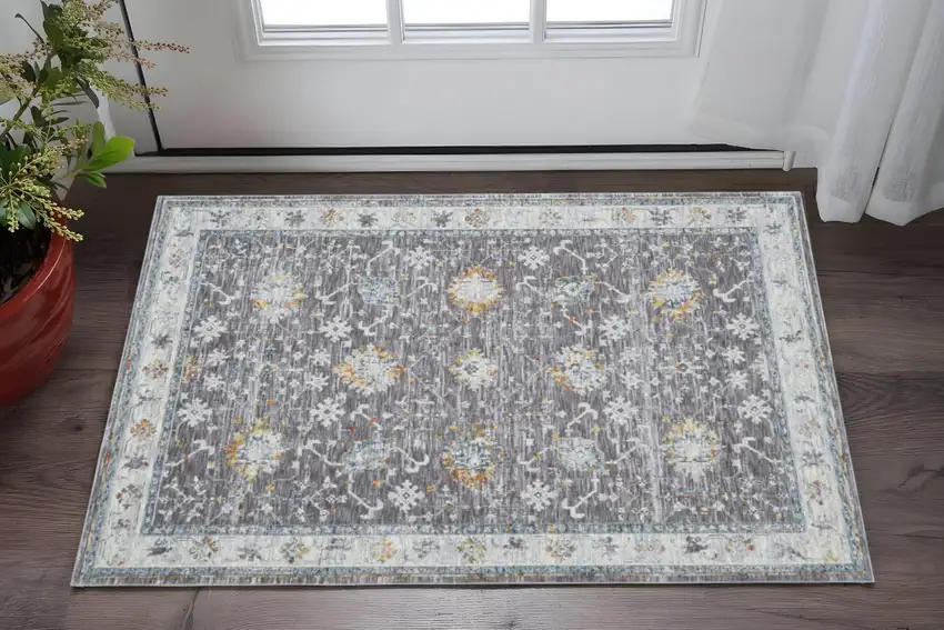 Gray and Ivory Floral Area Rug Photo 1
