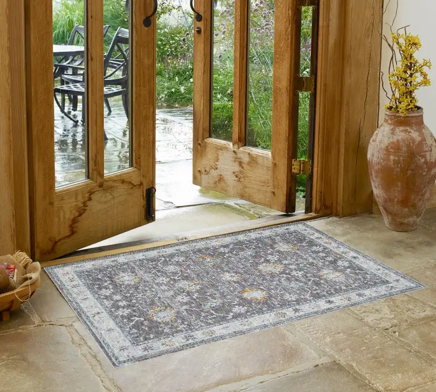 Gray and Ivory Floral Area Rug Photo 1