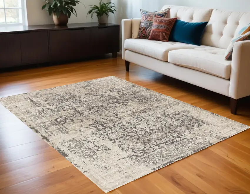 Gray and Ivory Floral Area Rug Photo 1