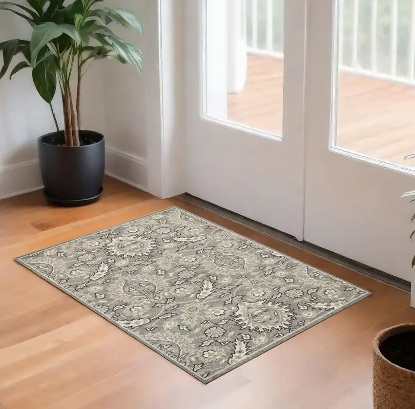 Gray and Ivory Floral Area Rug Photo 2