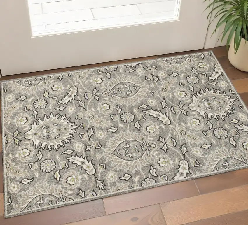 Gray And Ivory Floral Medallion Area Rug Photo 1