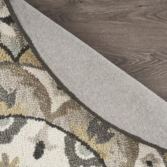 6' Gray and Ivory Round Wool Floral Handmade Area Rug Photo 9