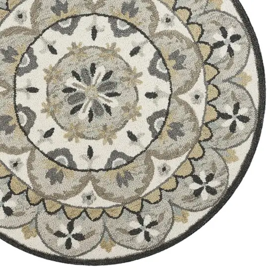 6' Gray and Ivory Round Wool Floral Handmade Area Rug Photo 2