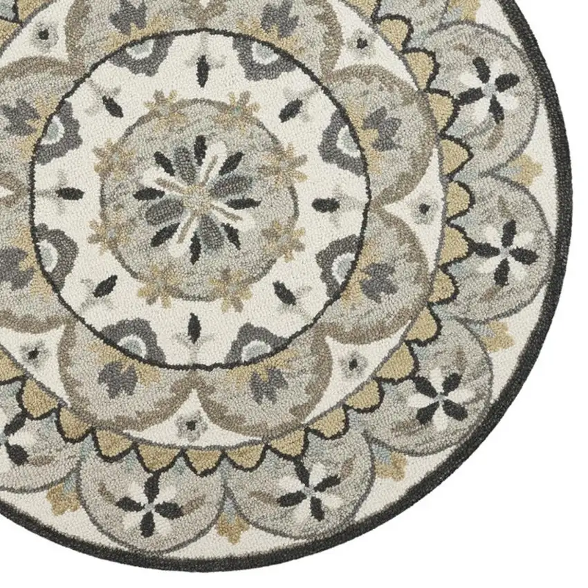 6' Gray and Ivory Round Wool Floral Handmade Area Rug Photo 2