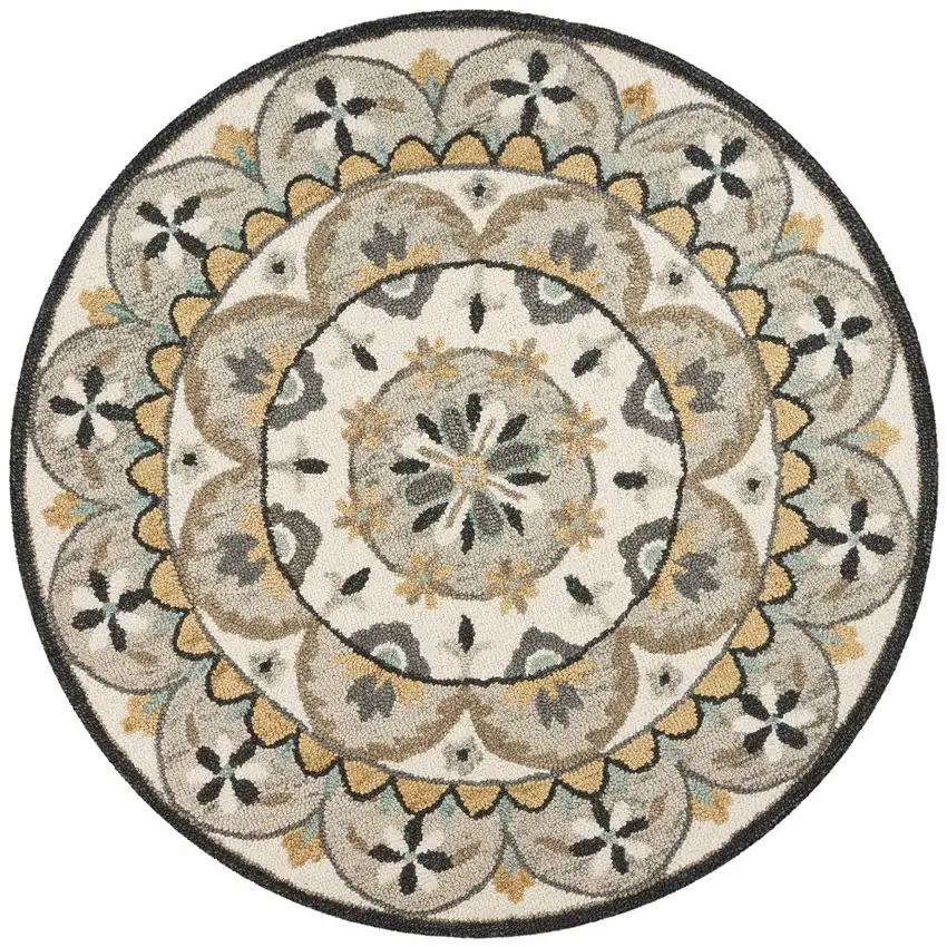 6' Gray and Ivory Round Wool Floral Handmade Area Rug Photo 8