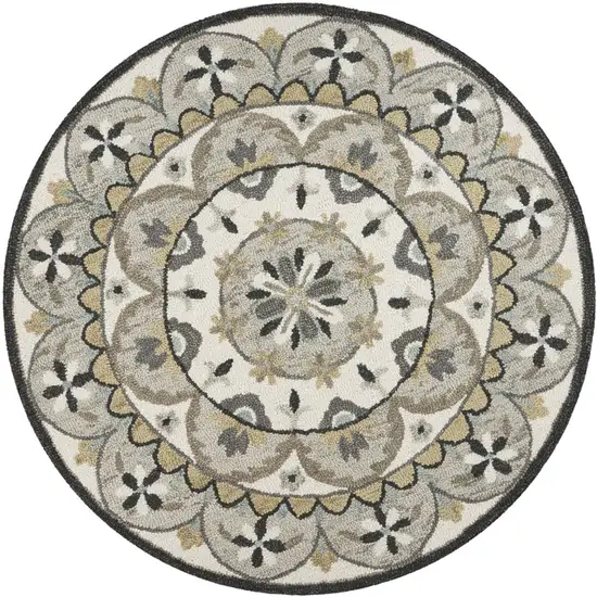 6' Gray and Ivory Round Wool Floral Handmade Area Rug Photo 3