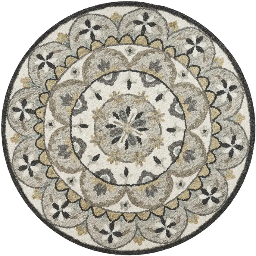 6' Gray and Ivory Round Wool Floral Handmade Area Rug Photo 3