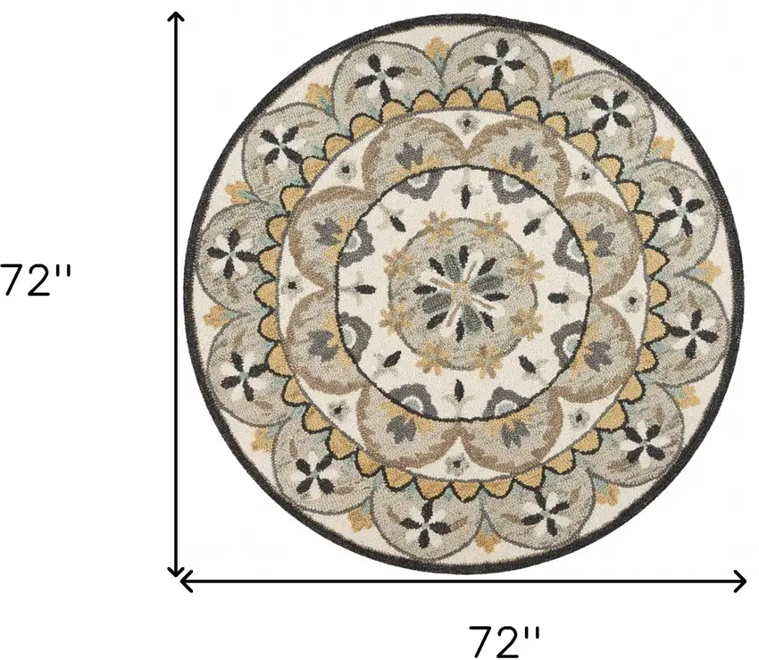 6' Gray and Ivory Round Wool Floral Handmade Area Rug Photo 3