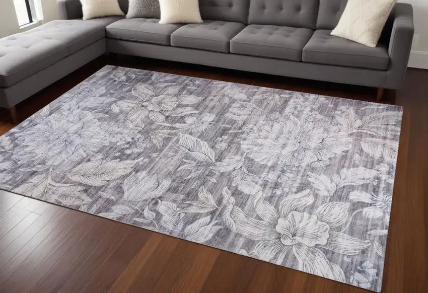 Gray and Ivory Floral Distressed Area Rug Photo 1