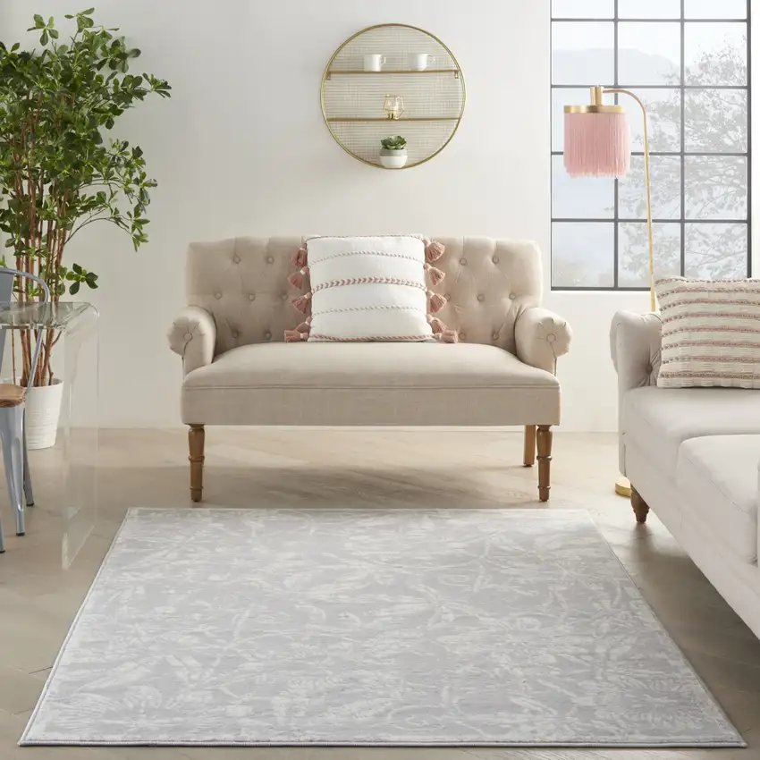 Gray and Ivory Floral Distressed Area Rug Photo 4