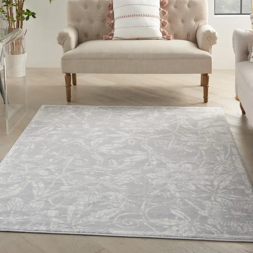 Gray and Ivory Floral Distressed Area Rug Photo 9