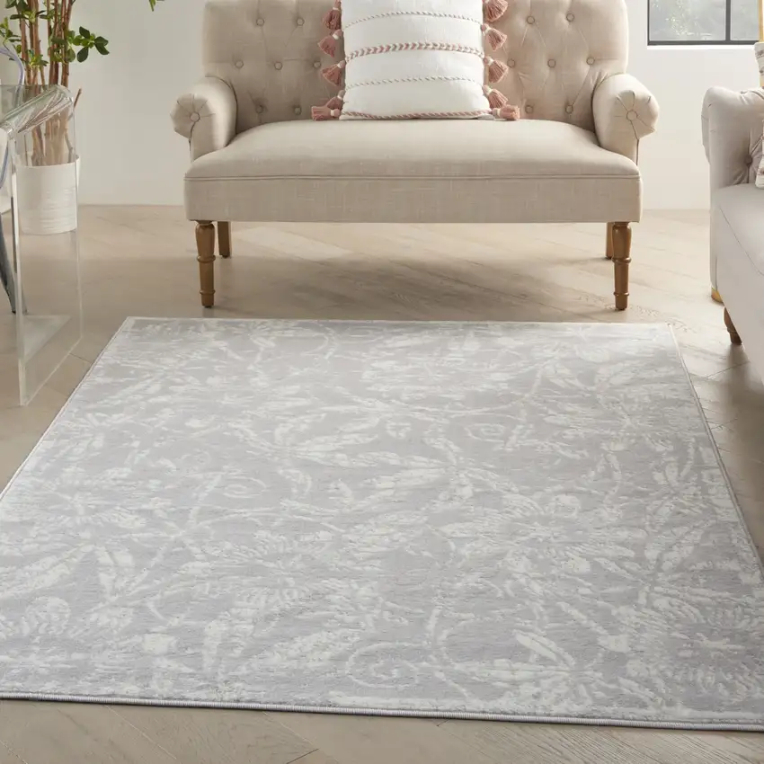 Gray and Ivory Floral Distressed Area Rug Photo 3