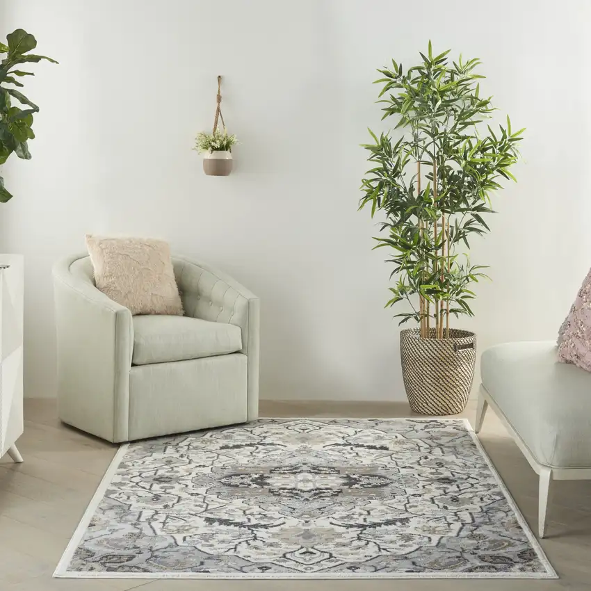 Gray and Ivory Floral Non Skid Area Rug Photo 4