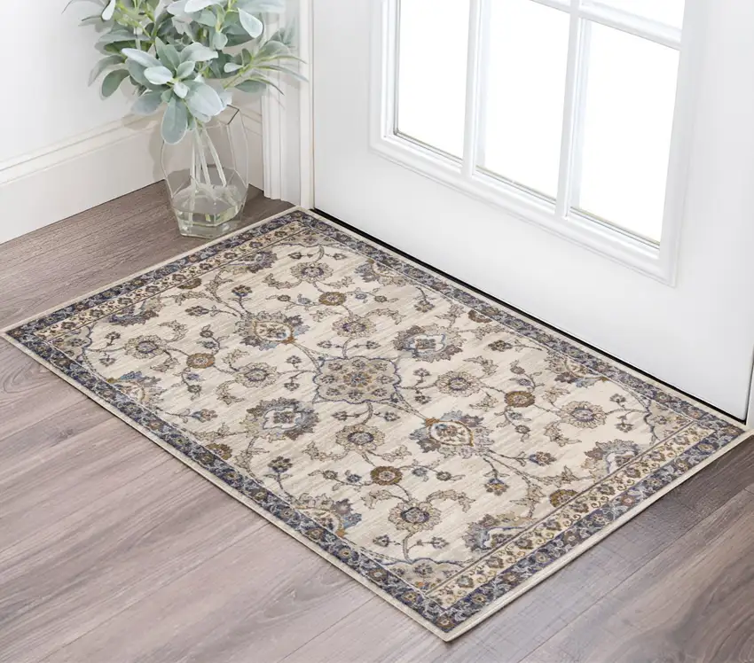 Ivory Charcoal and Navy Floral Power Loom Area Rug Photo 1