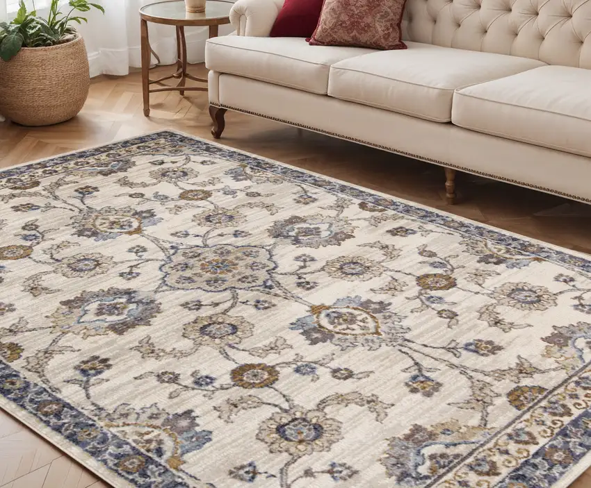 Ivory Charcoal and Navy Floral Power Loom Area Rug Photo 1